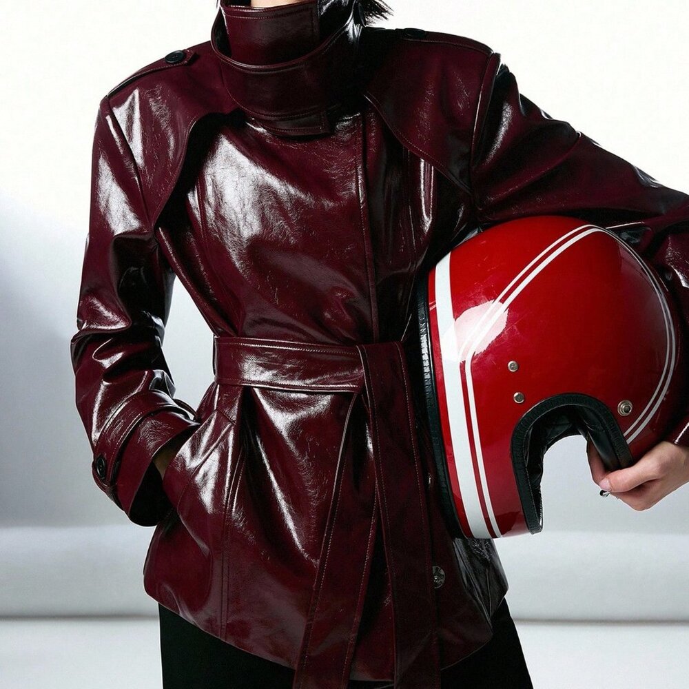 Burgundy Preppy Women's Futuristic Moto Jacket